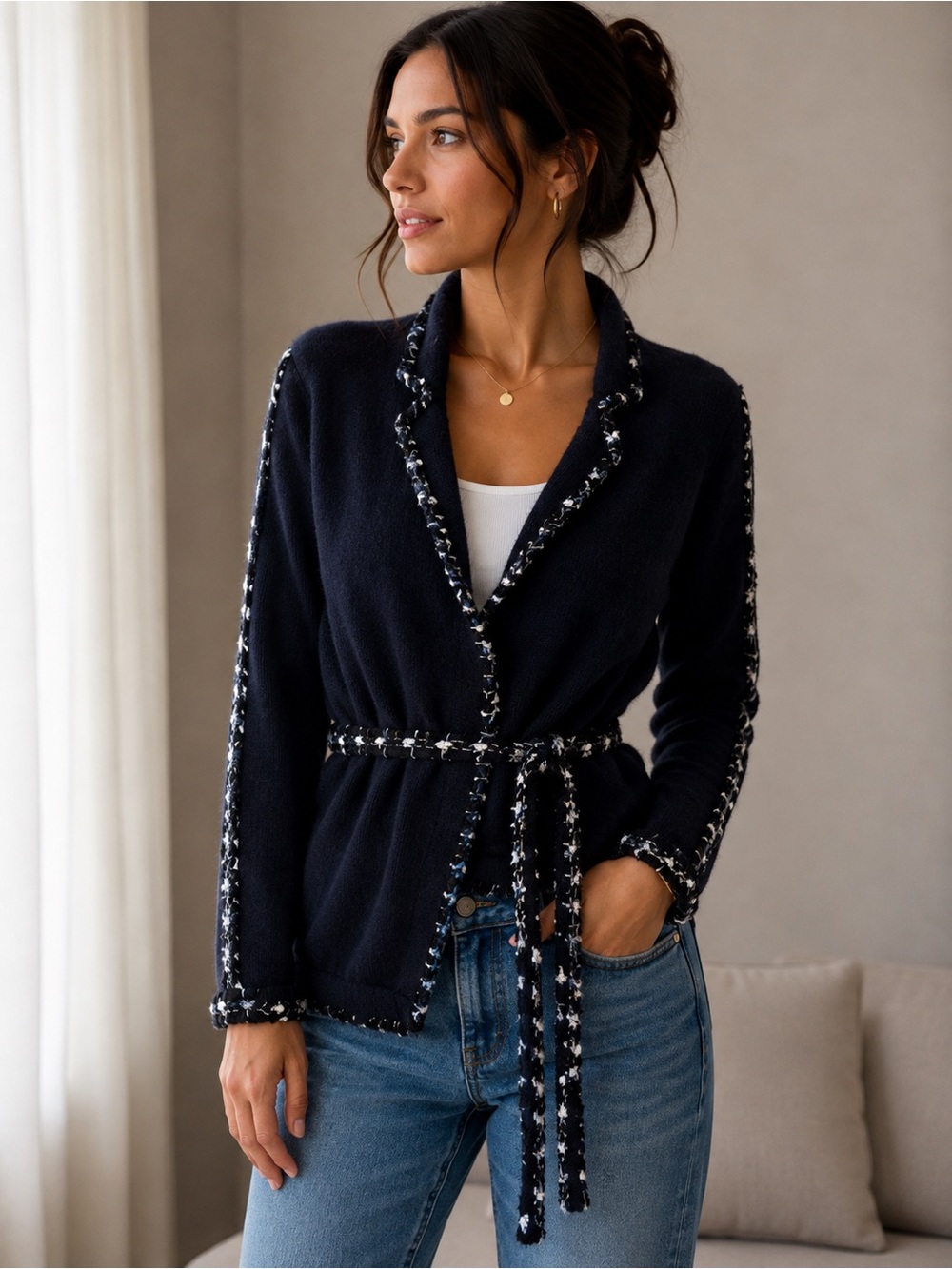 Vintage Emanuel Ungaro 100% Cashmere Belted Sweater Navy Blue White size L